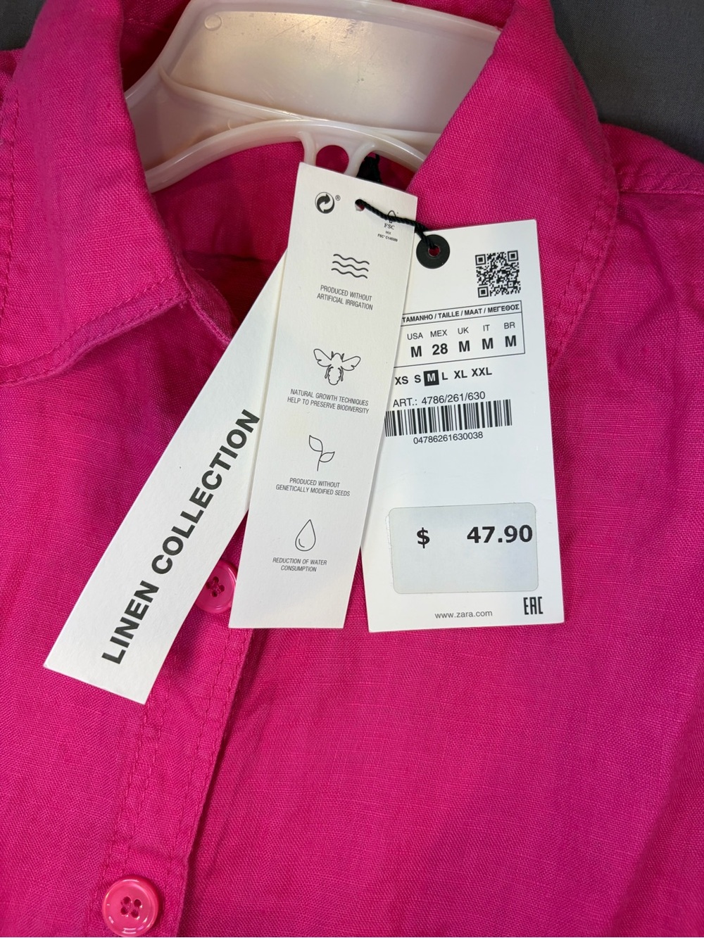 ZARA Fuchsia Pink 100% Linen Cropped Button Down Shirt NWT M - Picture 7 of 8